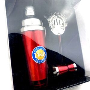 Cocktail Shaker Set D&B Dave and Busters  Strainer Jigger Red Boxed Bartender